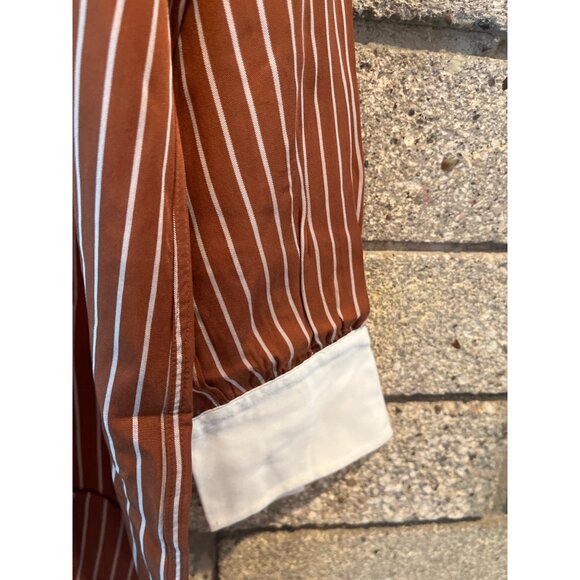 Womens Rayon Striped Long Sleeve Shirt By Uniqlo XL Brown With White Collar And - Picture 5 of 7